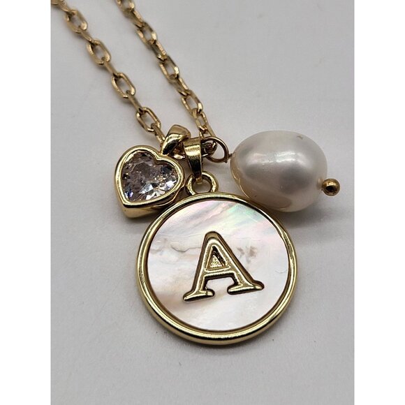 unbranded Jewelry - Gold Tone Charm Necklace Inital "A" Mother of Pearl Heart Faux Pearl